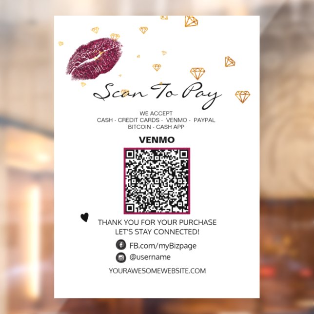 Autocollant Pour Fenêtre *~* LIPS DIAMONDS Scannez pour PAYER  Code QR (Feuille 2)