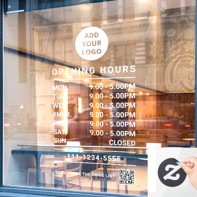 Autocollant Pour Fenêtre logo & code QR d'heures d'ouverture personnalisé p (Fenêtre de café)