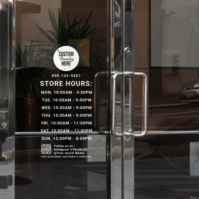 Autocollant Pour Fenêtre Logo Code QR Heures d'ouverture Entreprise Réseaux (store opening hours window cling decal)