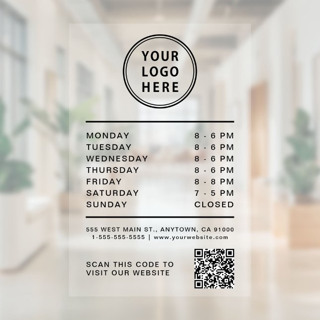 Autocollant Pour Fenêtre Logo de l'entreprise Heures d'ouverture Code QR (Business Logo Open Hours QR Code Window Cling)