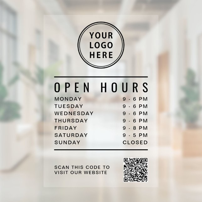 Autocollant Pour Fenêtre Logo de l'entreprise Horaires d'ouverture Créez vo (Business Logo Open Hours Create Your QR Code Window Cling)