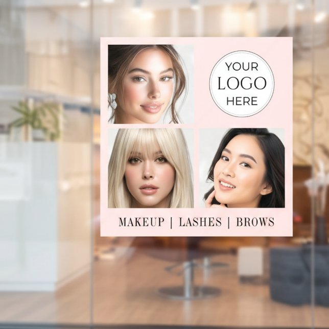 Autocollant Pour Fenêtre Logo de photo de studio de maquillage à l'écriture (elegant blush pink makeup artist beauty salon window cling sign with 3 photos logo typography design)