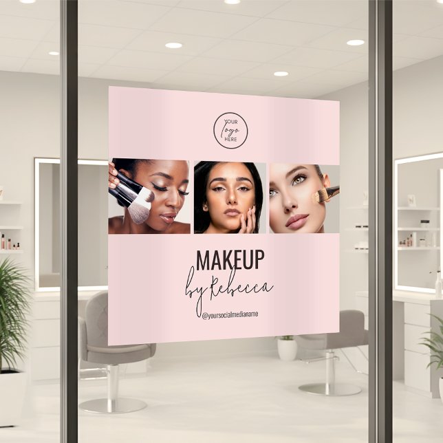 Autocollant Pour Fenêtre Logo de studio de maquillage photo moderne rose bl (Modern blush pink makeup artist window cling sign with space for 3 photos and your logo)