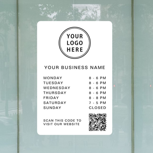 Autocollant Pour Fenêtre Logo d'entreprise Heures d'ouverture Code QR Blanc (Business Logo Open Hours QR Code White Window Cling)