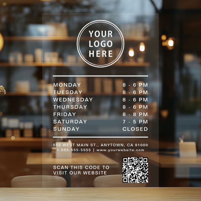 Autocollant Pour Fenêtre Logo d'entreprise Heures d'ouverture Code QR Lettr (Business Logo Open Hours QR Code White Lettering Window Cling)