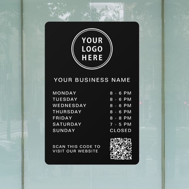 Autocollant Pour Fenêtre Logo d'entreprise Heures d'ouverture Code QR Noir (Business Logo Open Hours QR Code Black Window Cling)