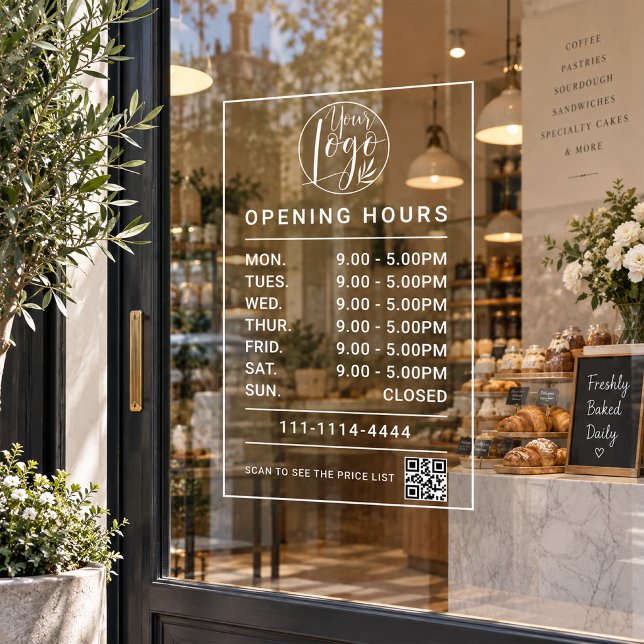 Autocollant Pour Fenêtre Logo et code QR des heures d'ouverture d'entrepris (Minimal Business opening hours logo and qr code Window Cling)