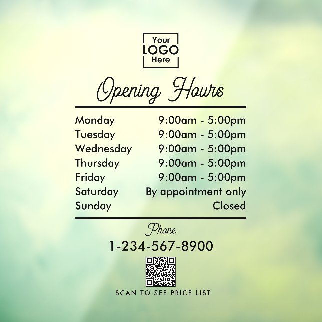 Autocollant Pour Fenêtre Logo Heures d'Ouverture de l'Entreprise Noir Scrip (Feuille 3)