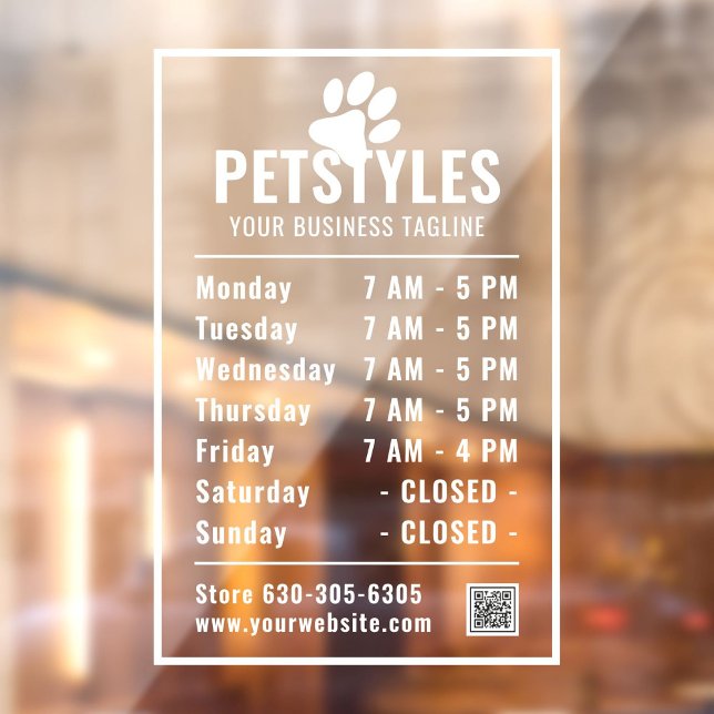 Autocollant Pour Fenêtre Logo Professionnel moderne Heures d'ouverture Blan (White modern professional logo, company name, opening times, qr code, phone number window decal.)