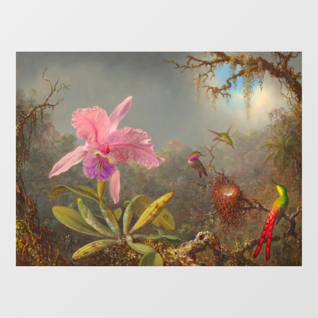 Autocollant Pour Fenêtre L'orchidée de Cattleya et trois colibris Heade (Feuille)