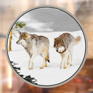 Autocollant Pour Fenêtre Loups en peinture sur neige - Art original de la f