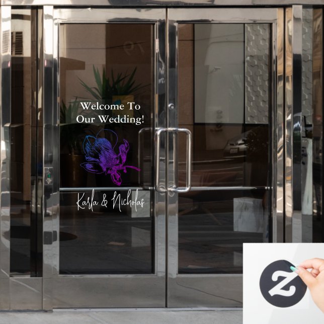 Autocollant Pour Fenêtre Mariage Floral Blanc & Violet Bienvenue (Porte de bureau)