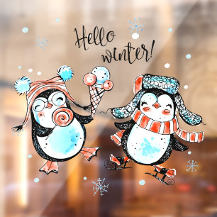 Autocollant Pour Fenêtre Mignon Bonjour Hiver Joyeux Magasin du Manchot