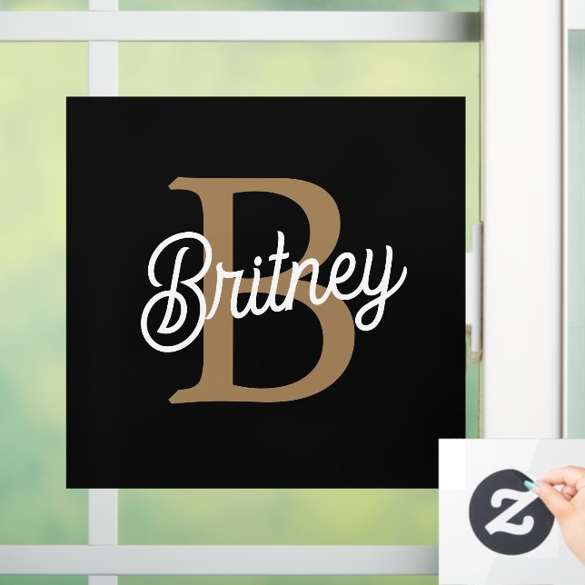 Autocollant Pour Fenêtre Monogramme moderne élégant Nom Black Gold Script (Maison)
