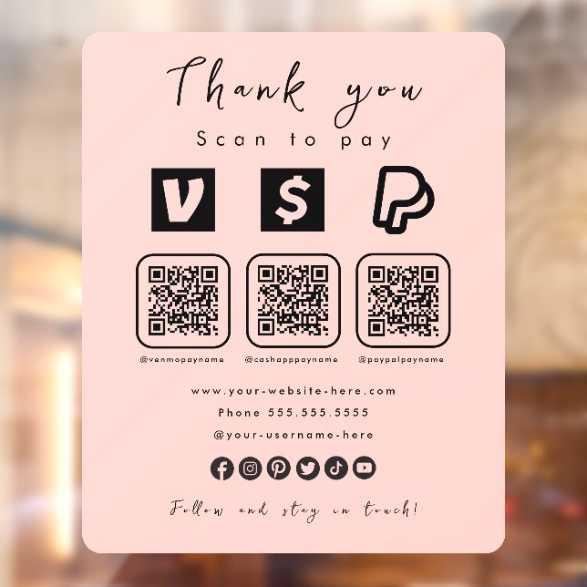 Autocollant Pour Fenêtre Multi QR Code Paypal Venmo Cash App Rose moderne (Feuille 2)