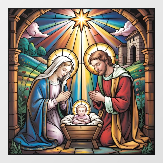 Autocollant Pour Fenêtre Nativity Stained Glass Art – Holy Family Christmas (Feuille)