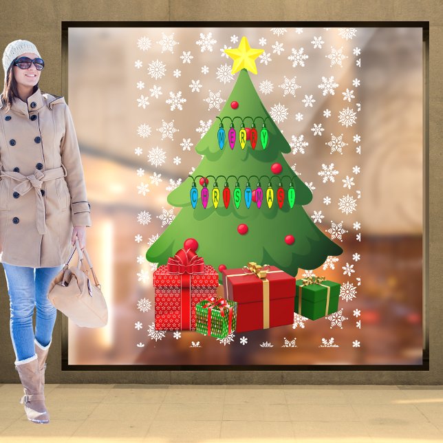 Autocollant Pour Fenêtre Noël Arbre à Neige Présente Accueil Magasin Vinyl (Christmas Snow Tree Presents Home Storefront Vinyl Window Cling)
