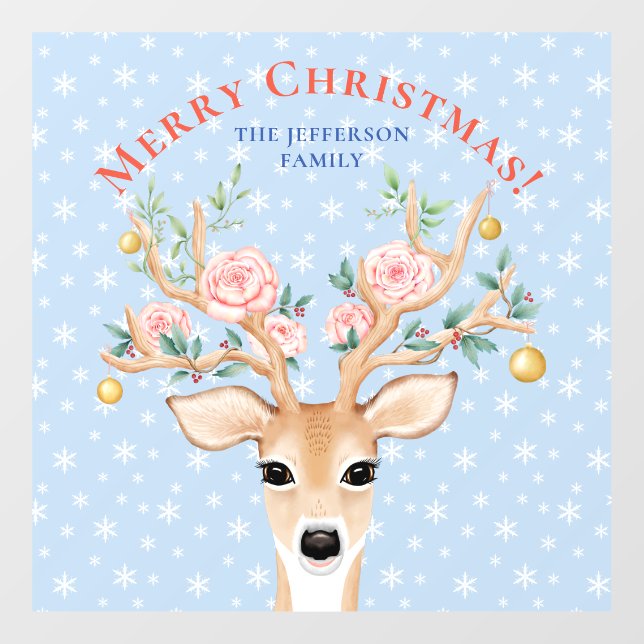 Autocollant Pour Fenêtre Noël Cerf Holly Floral Antler Aquarelle Neige (Feuille)