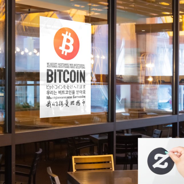 Autocollant Pour Fenêtre Nous Acceptons Bitcoin (Multilingual) (Fenêtre du restaurant)