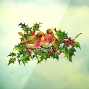 Autocollant Pour Fenêtre Oiseaux de Noël Vintage Holly Faux Gold