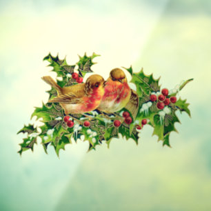 Autocollant Pour Fenêtre Oiseaux de Noël Vintage Holly Faux Gold
