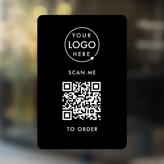 Autocollant Pour Fenêtre Ordre de lieu du code QR | Logo d'entreprise noir (Interactive "scan to order" QR code window cling for restaurants, bars, cafes & hospitality events.)
