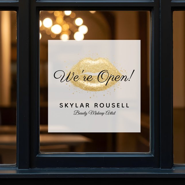 Autocollant Pour Fenêtre Ouvert pour l'entreprise Gold Black Beauty Lips Ma (Open For Business Gold Black Beauty Lips Makeup Window Cling)
