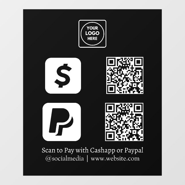 Autocollant Pour Fenêtre Paiement QR noir personnalisé | Affichage CashApp  (Feuille)