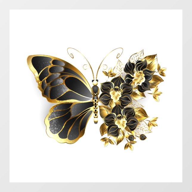 Autocollant Pour Fenêtre Papillon à fleurs d'or avec orchidée noire (Feuille)