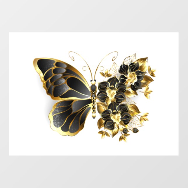 Autocollant Pour Fenêtre Papillon à fleurs d'or avec orchidée noire (Feuille)
