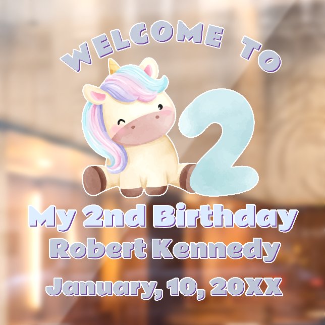Autocollant Pour Fenêtre Pastel Unicorn Second Birthday Celebration Name (Feuille 2)