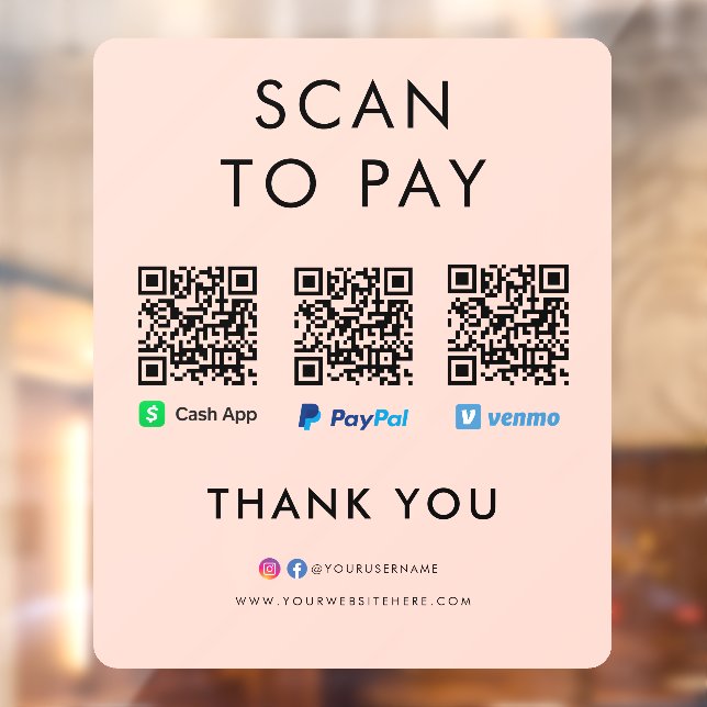 Autocollant Pour Fenêtre Paypal Venmo Cash App Scan pour payer QR Code rose (Feuille 2)