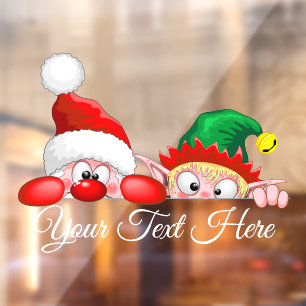 Autocollant Pour Fenêtre Père Noël et Elfe Mignon et drôle de dessin animé