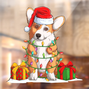 Autocollant Pour Fenêtre Père Noël Welsh Corgi Enveloppé Dans Des Guirlande