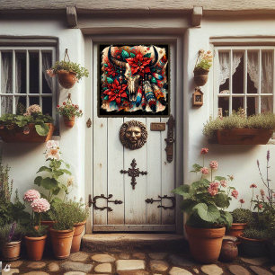 Autocollant Pour Fenêtre Plumes de crâne de vache Poinsettias Sud-Ouest