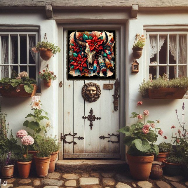 Autocollant Pour Fenêtre Plumes de crâne de vache Poinsettias Sud-Ouest (Créateur téléchargé)