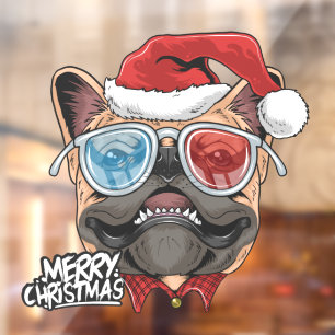 Autocollant Pour Fenêtre Pug de Noël amusant en Père Noël portant des lunet
