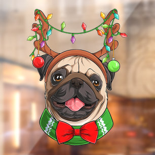 Autocollant Pour Fenêtre Pug de Noël rigolo souriant de rennes portant des