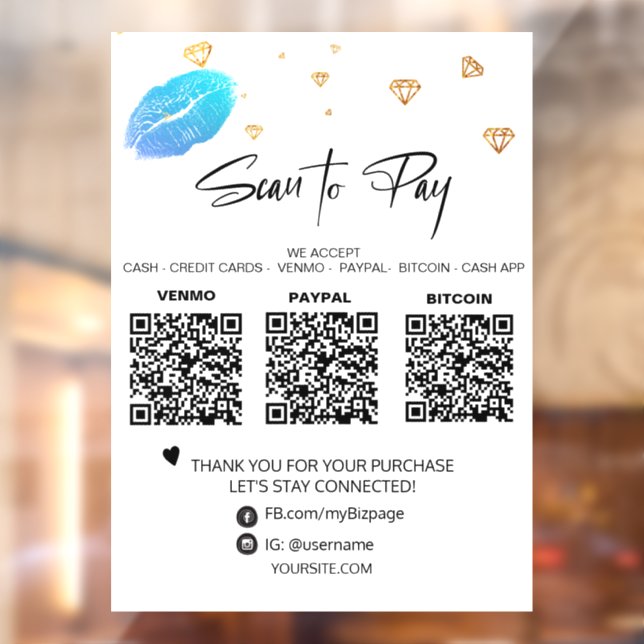 Autocollant Pour Fenêtre *~* QR 3 PAIEMENT Diamants LIPS Girly Glam (Feuille 2)