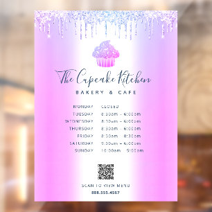 Autocollant Pour Fenêtre QR Code Menu Heures Cupcake Boulangerie Purple Par