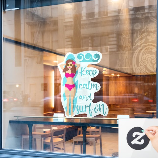 Autocollant Pour Fenêtre Restez calme et surf sur la brunette fille Carte (Fenêtre de café)
