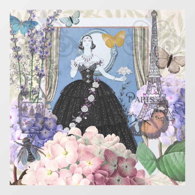 Autocollant Pour Fenêtre Robe élégante bleue pour femme, florale et fantais (Feuille)