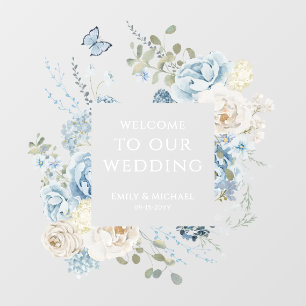 Autocollant Pour Fenêtre Romantique Dusty Blue Welcome Floral Mariage