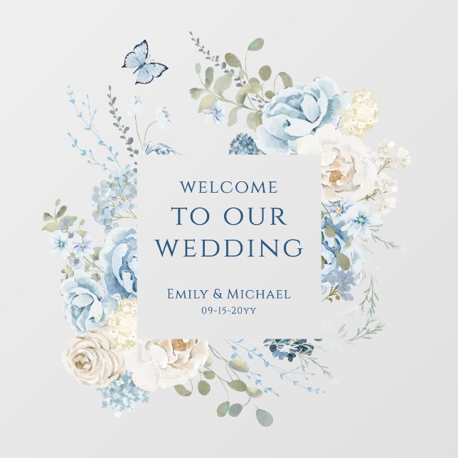 Autocollant Pour Fenêtre Romantique Dusty Blue Welcome Floral Mariage (Feuille)