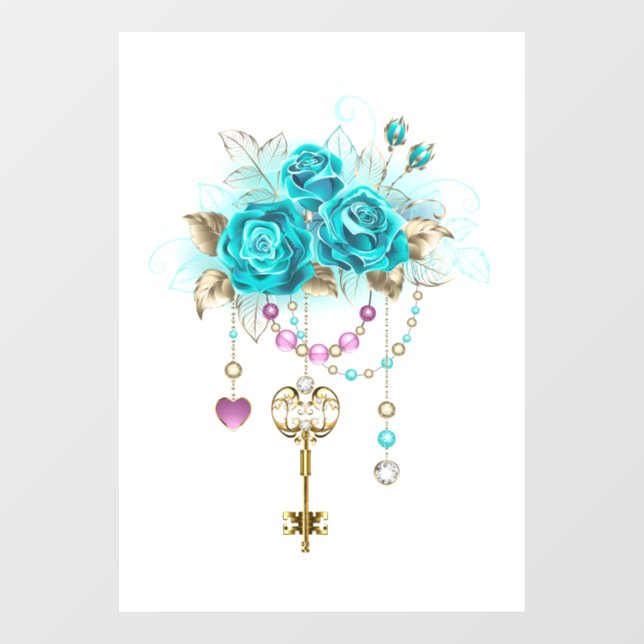 Autocollant Pour Fenêtre Roses turquoise avec touches (Feuille)