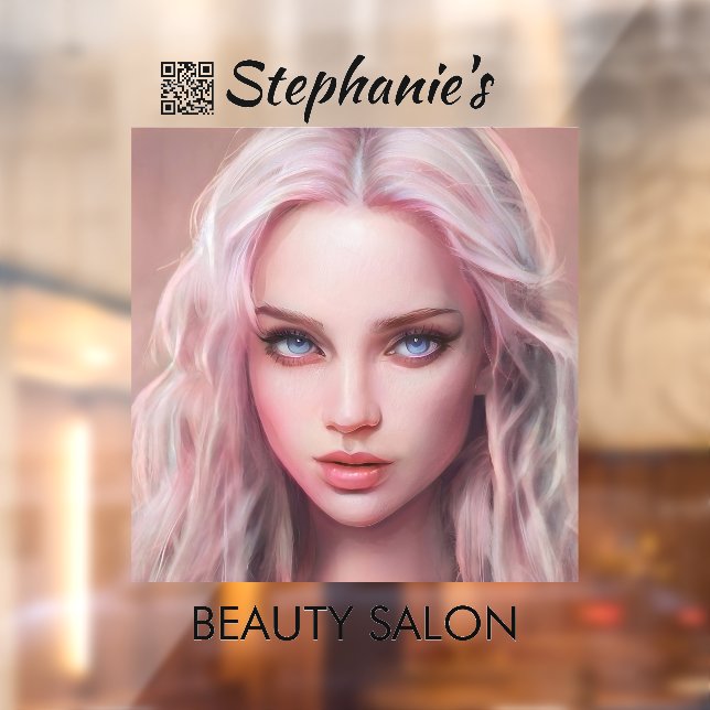 Autocollant Pour Fenêtre Salon de beauté fille aux cheveux roses avec QR co (Feuille 2)