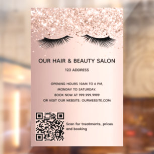 Autocollant Pour Fenêtre Salon de beauté rose gold paillettes cils QR code
