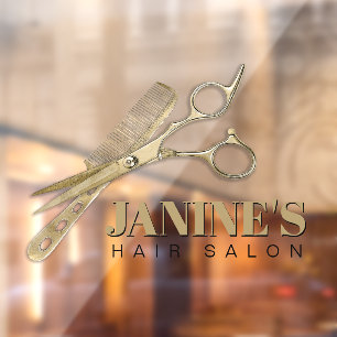 Autocollant Pour Fenêtre Salon de coiffure et peigne Gold ID814