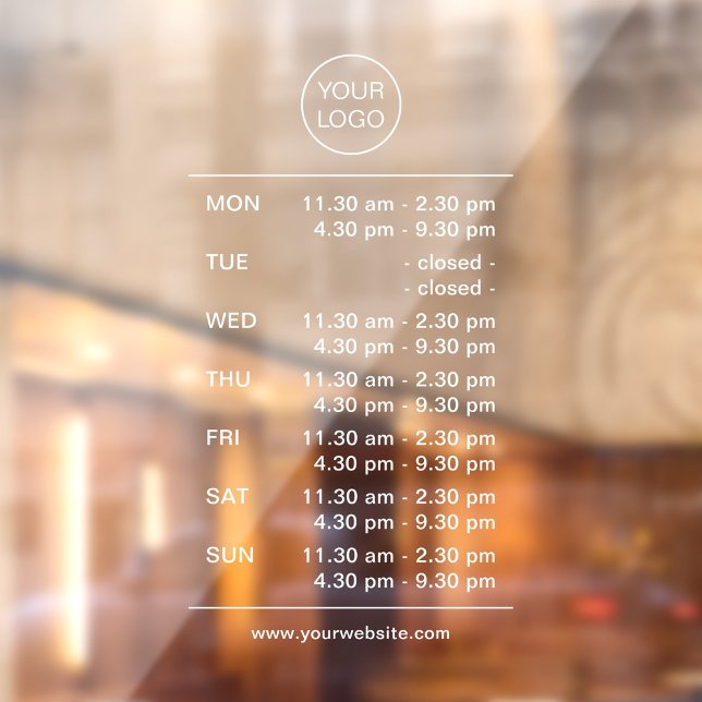 Autocollant Pour Fenêtre Simple Moderne Blanc Heures d'Ouverture Multiples (Simple, modern multiple business opening hours window decal. Opening times window cling with logo.)