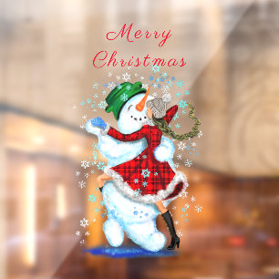 Autocollant Pour Fenêtre Snowman and Girl Dancers Christmas Window Cling